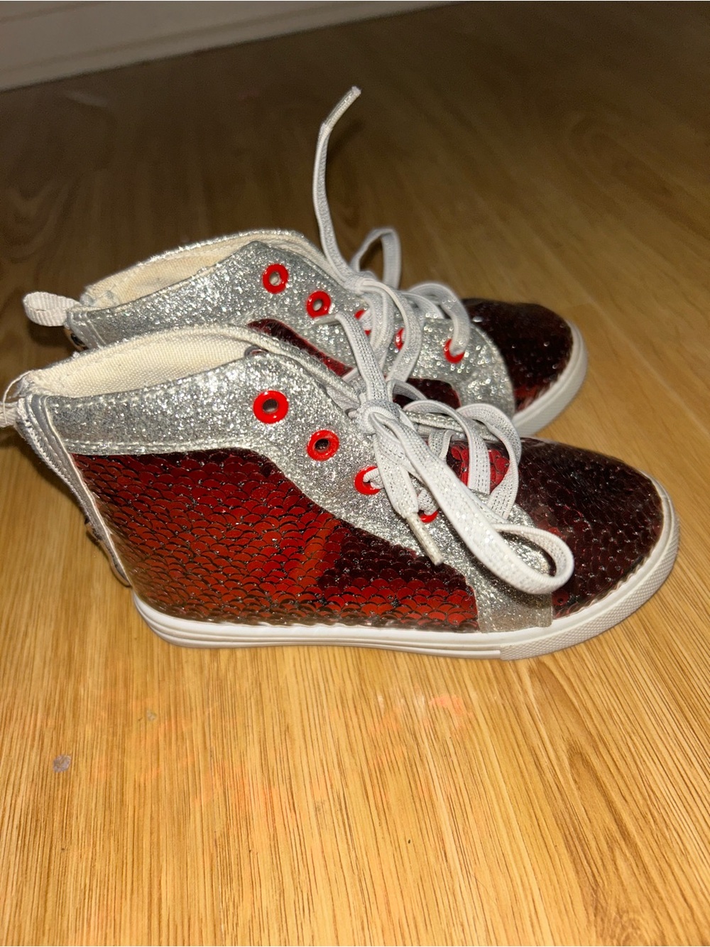 Kids Red Sequin & Silver Glitter High-Top Sneakers
